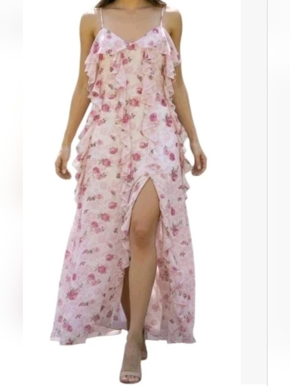 Jessica Simpson Fairy Ruffled Maxi Dress PInk Floral Sheer Chiffon Jrs XL Nwt